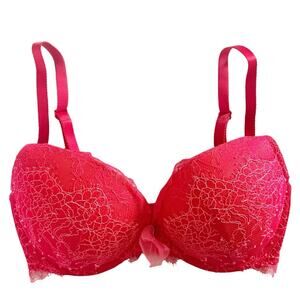 Victoria's Secret Dream Angels Push-Up Bra Red Floral Lace Size 32DD EUC